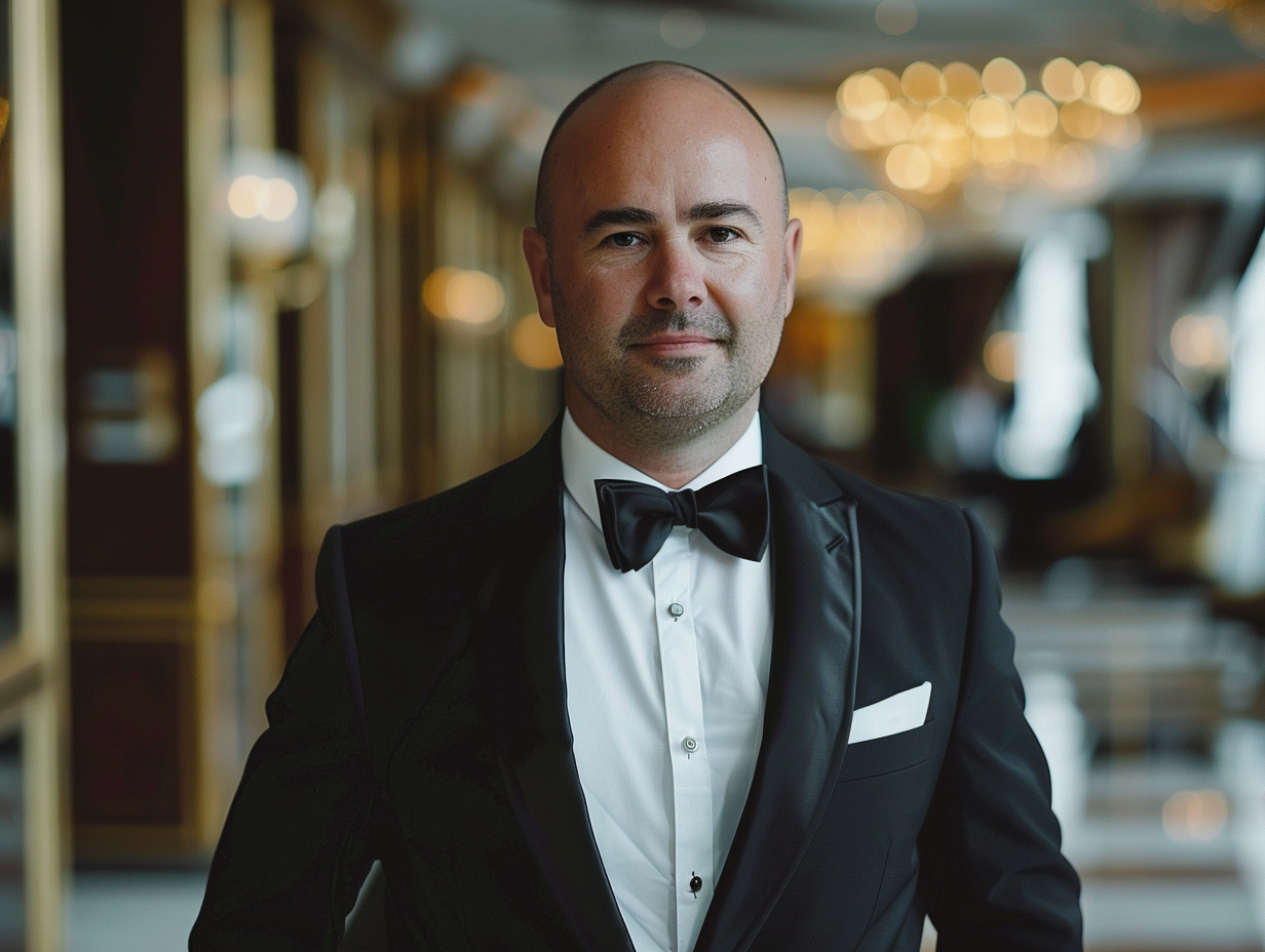 A man wearing a tuxedo jacket with satin lapels and a satin stripe down the side of the trousers, exuding formal evening wear style. He pairs it with a bow tie, perfect for a black-tie event, in an elegant, upscale setting.