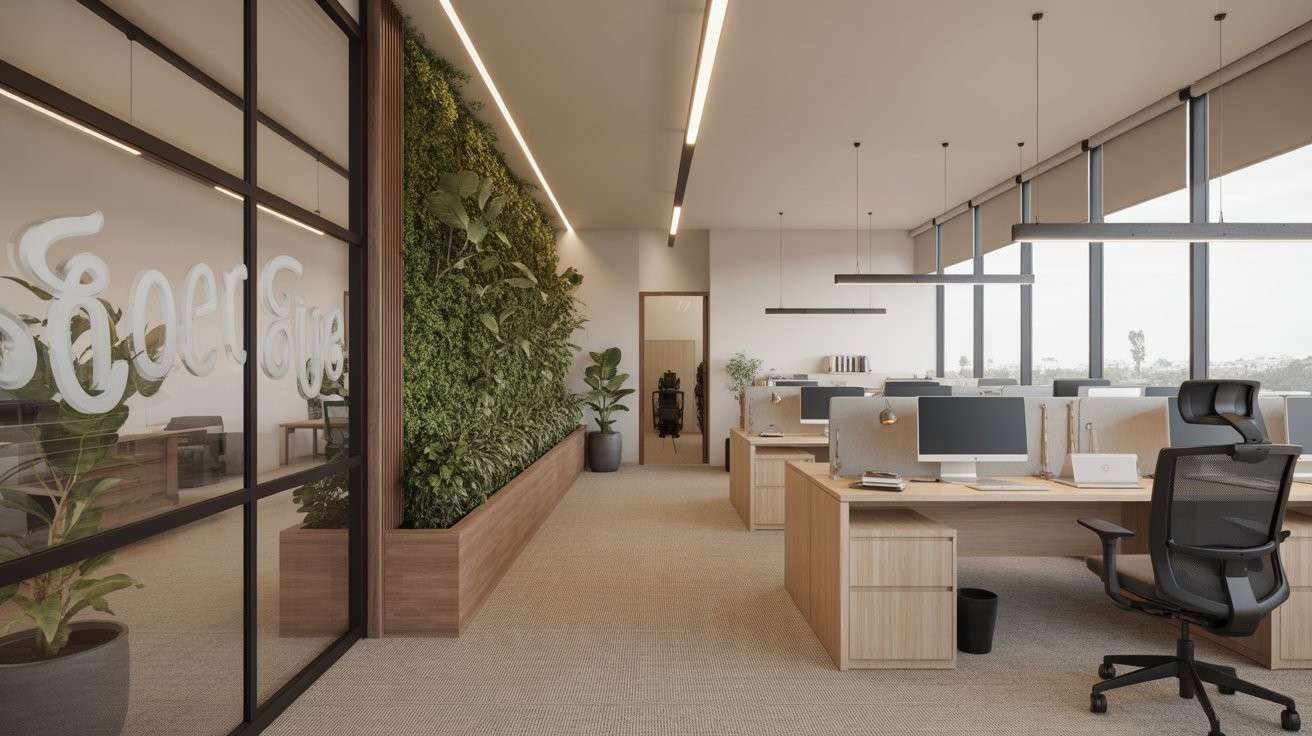 Elegant commercial office space designed by Elegante Interiors featuring ergonomic workstations, natural lighting, and plants in Bangalore