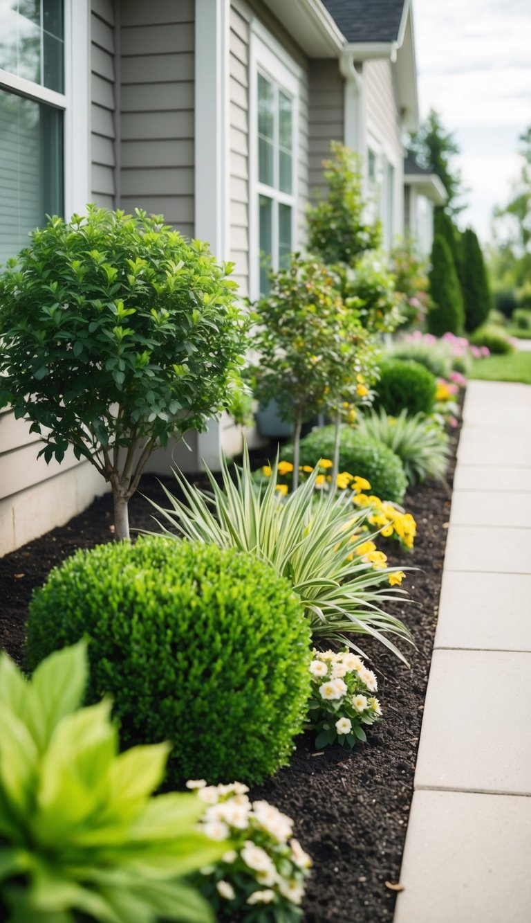 A variety of plants, including bushes, flowers, and small trees, are strategically placed along the side of a house, creating a well-landscaped and visually appealing garden