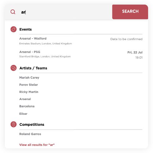 FanPass added an auto-complete search function alongside a basic category menu to expedite user search for events.