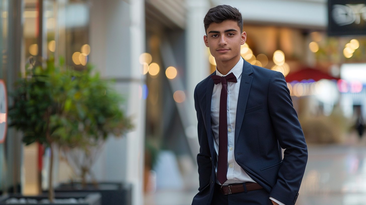 Young man in a fitted navy suit with a white shirt, deep-toned tie or bow tie (burgundy or navy), polished shoes, posing in a modern prom setting.