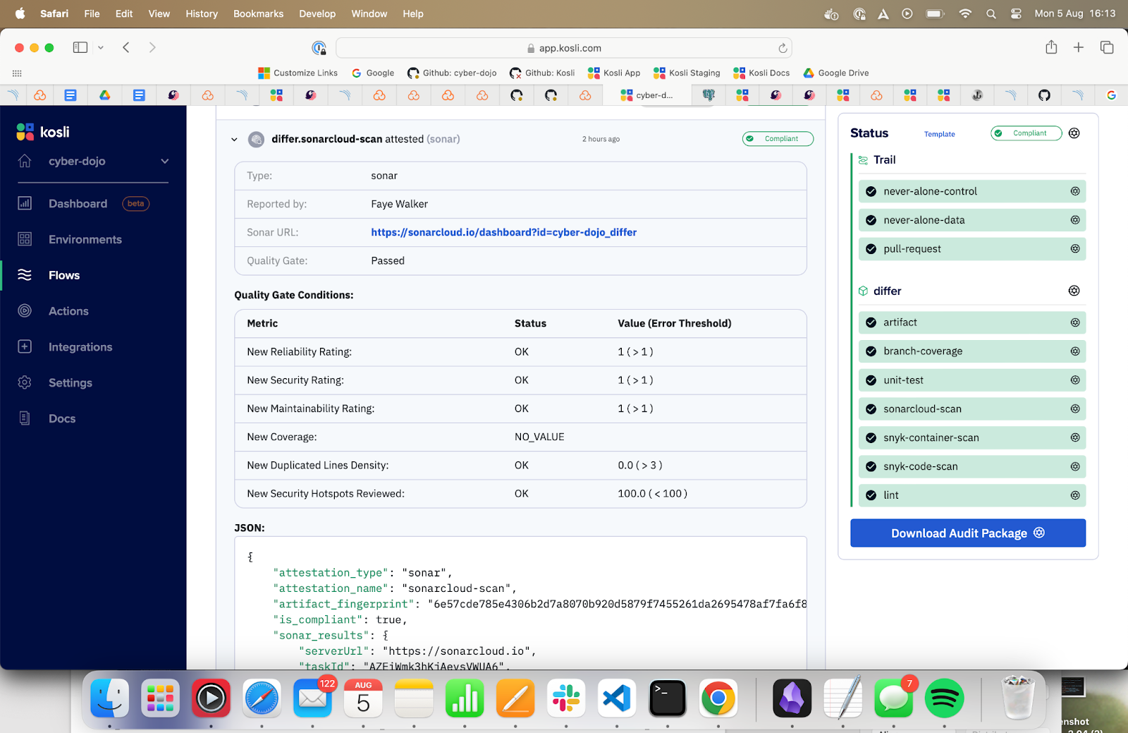 Sonarcloud scan attested in Kosli