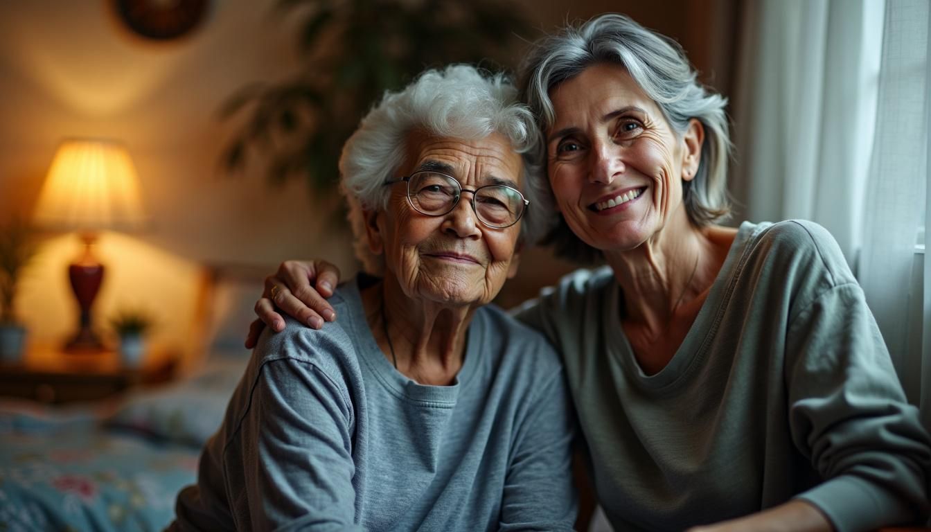 A home health aide providing comfort and support to an elderly patient.