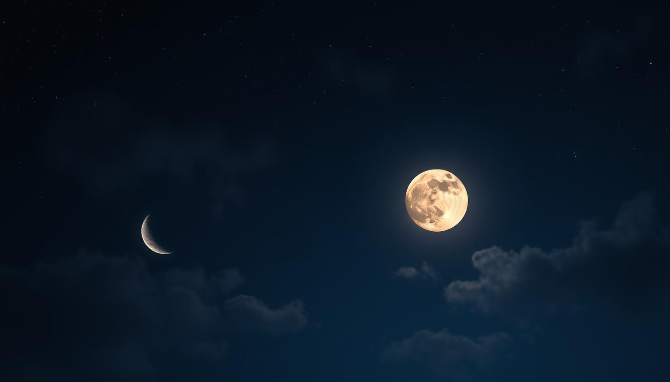 A serene night sky showcasing the various phases of the moon, from a thin crescent to a full, glowing orb, with gentle clouds drifting across the scene, illuminated by the moonlight, surrounded by twinkling stars and a hint of ethereal light emanating from each phase.