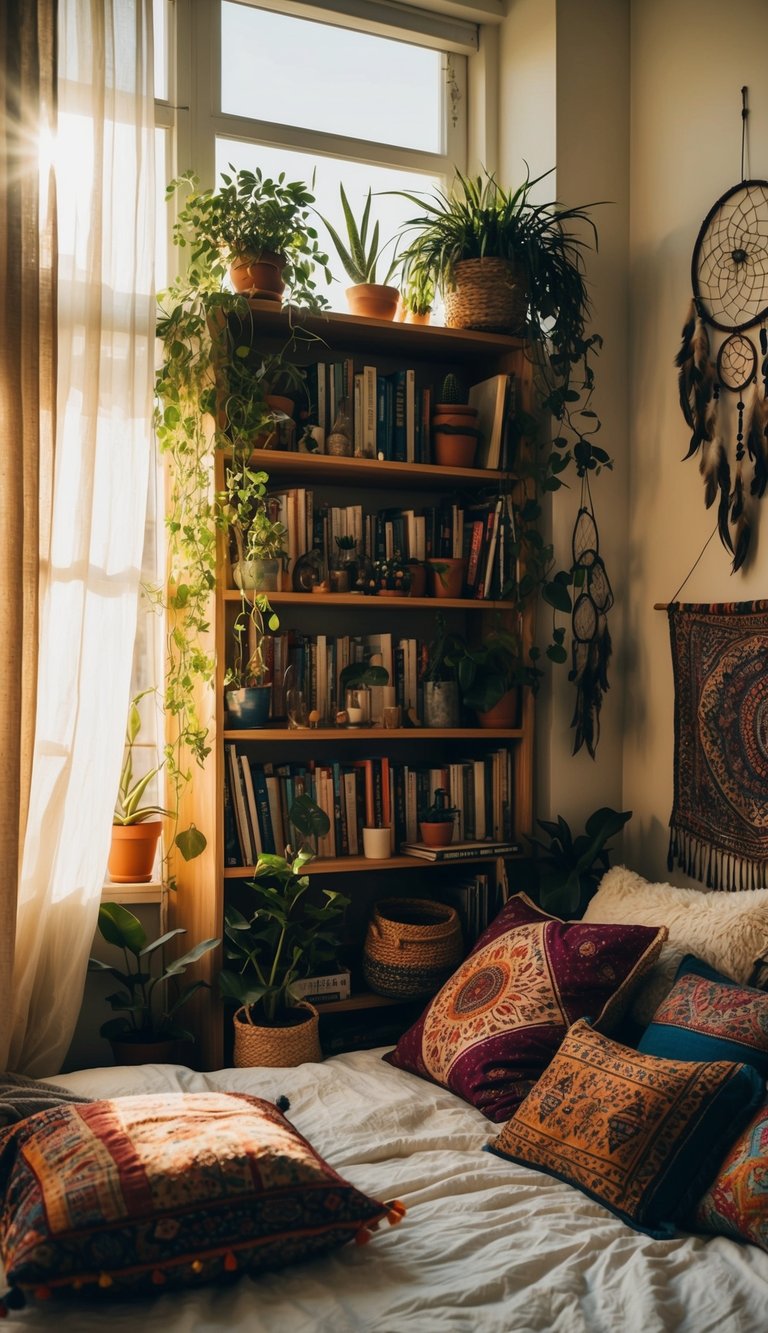 A cozy bohemian-style bedroom with a cluttered bookshelf filled with plants, dreamcatchers, and eclectic decor. Sunlight streams in through sheer curtains, casting a warm glow on the colorful tapestries and patterned pillows