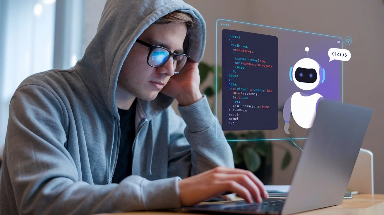 An AI Code Assistant helping a beginner coder with error detection.