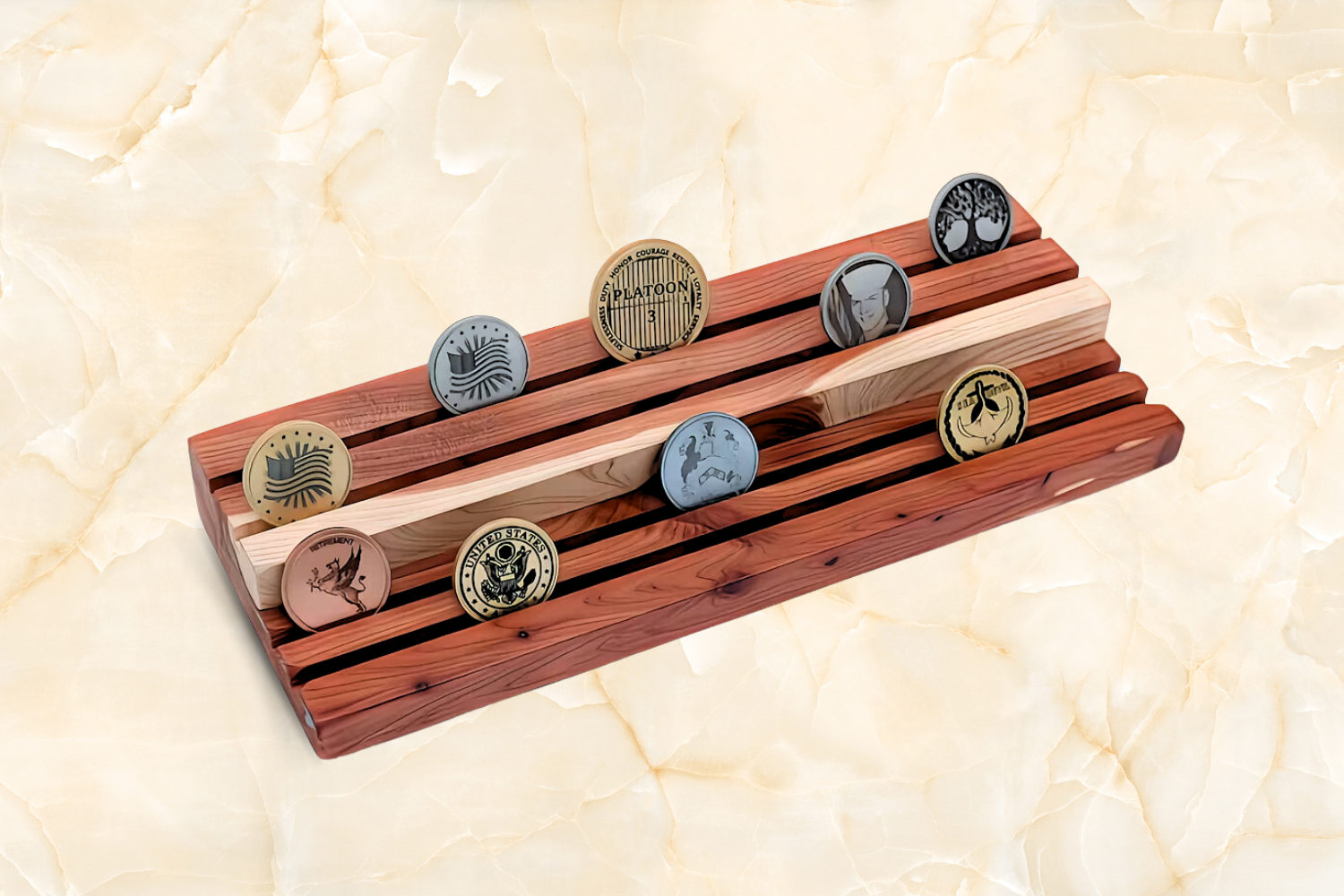 A challenge coin display stand with several challenge coins on it.