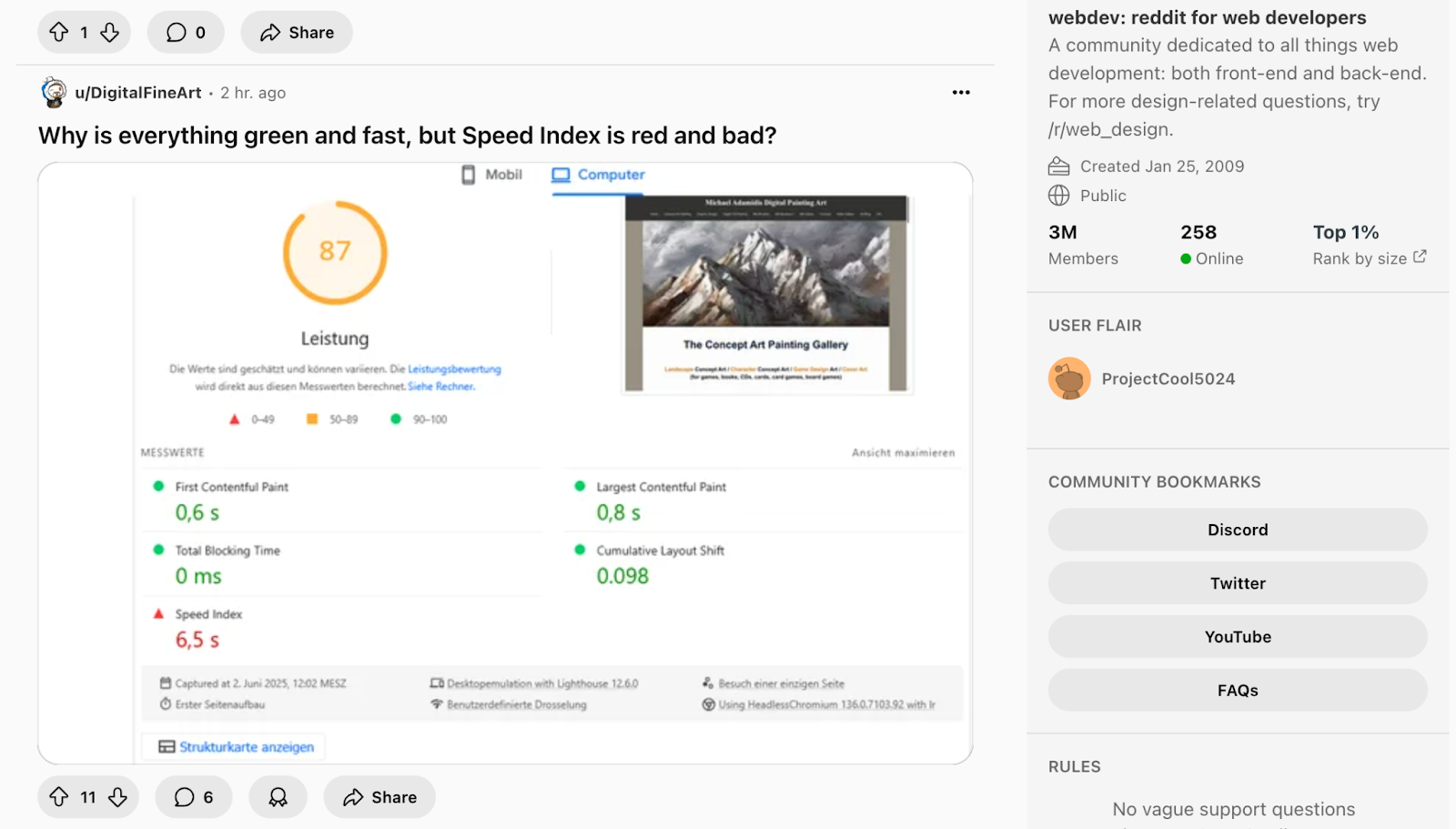 Reddit post showing a web performance report with high overall score, but a red Speed Index of 6.5 s.