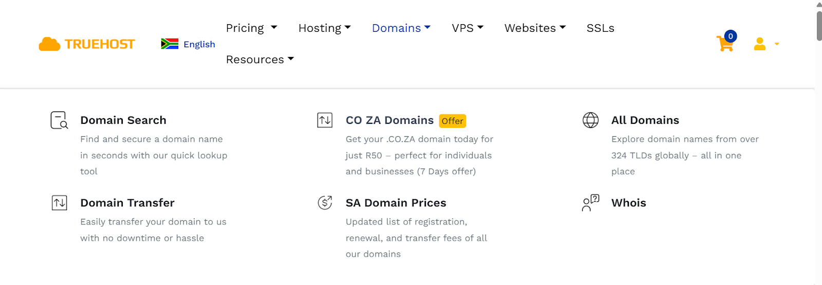 A screenshot of Truehost SA domain section