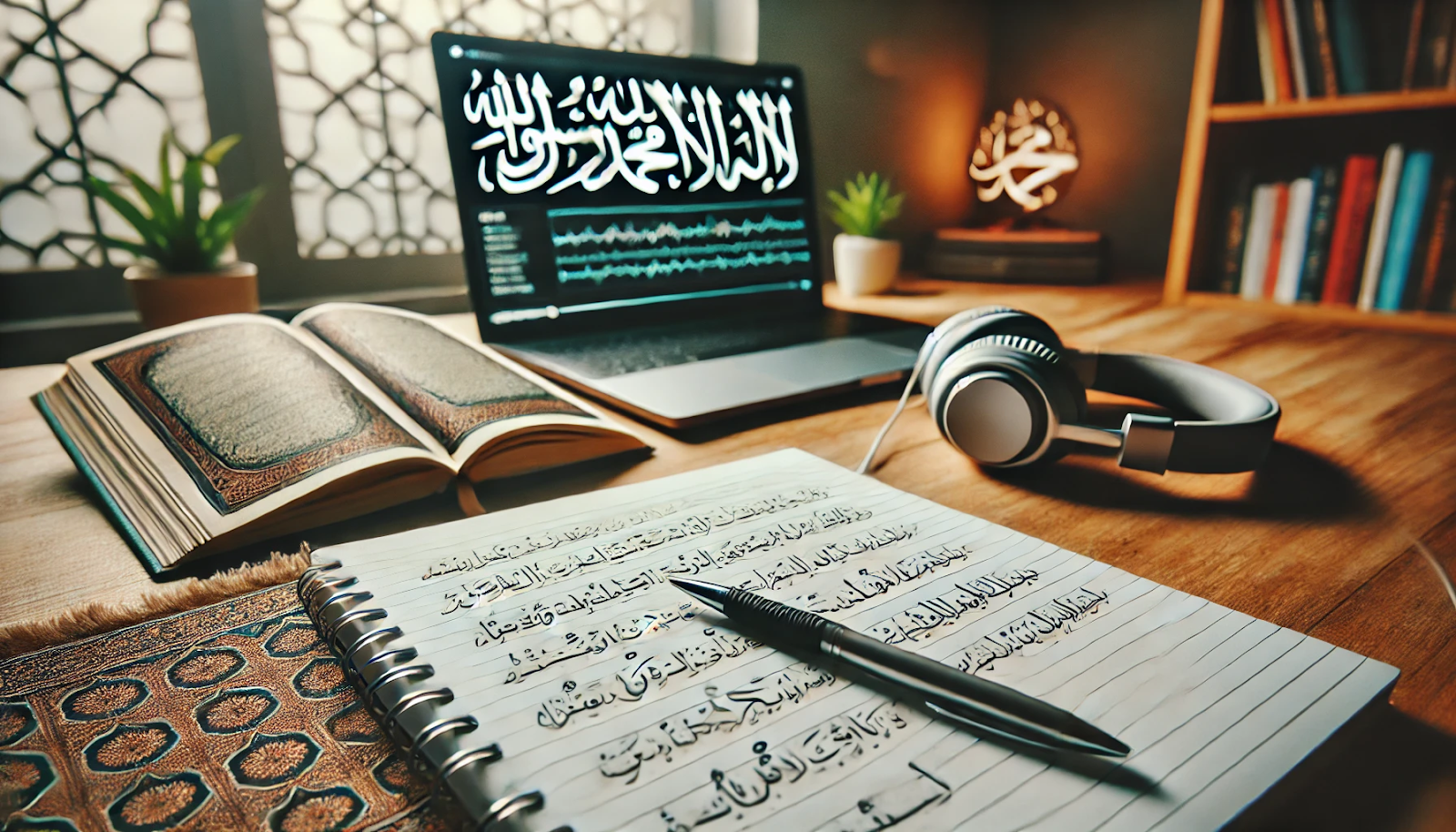 A close-up scene of a notebook and pen on a desk containing handwritten notes from an Islamic lecture. In the background, there is a laptop, a headset and an open Qur’an.