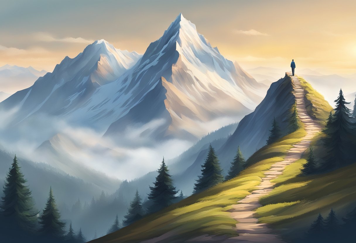 A mountain peak with a clear path leading to the top, surrounded by a serene and focused atmosphere