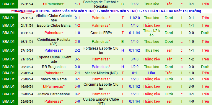 Thống kê phong độ 10 trận đấu gần nhất của Palmeiras