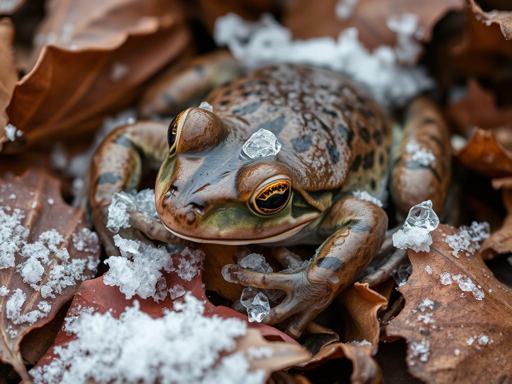 A wood frog partially frozen in winter environment
