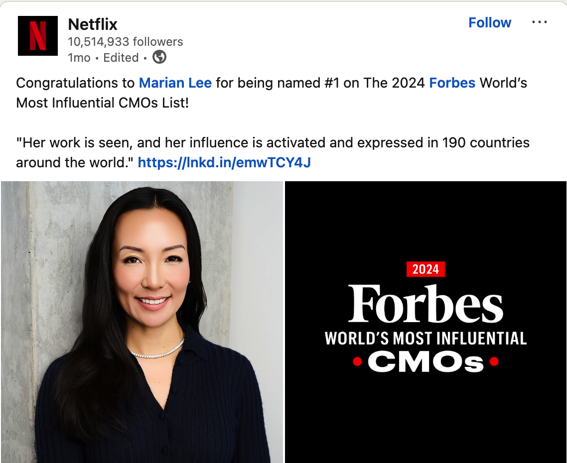 Netflix post on Marian Lee on making it to list of Forbes World’s Most Influential CMOs