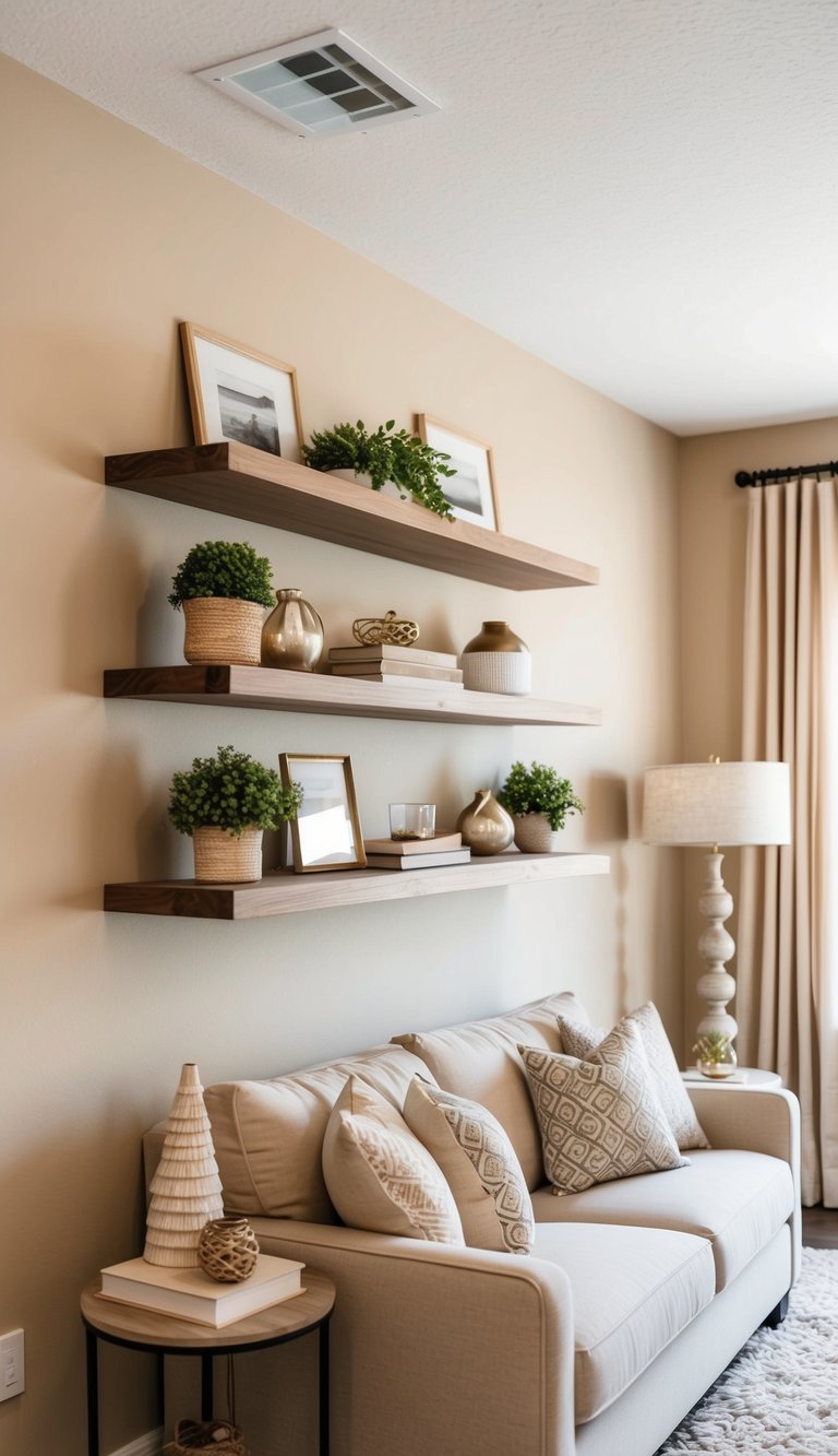 A beige and wood floating shelf adorned with decorative items in a cozy living room with beige accents