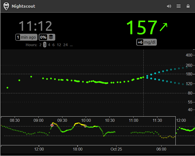 A simple Nightscout view showing current, past, and predicted blood sugar readings.