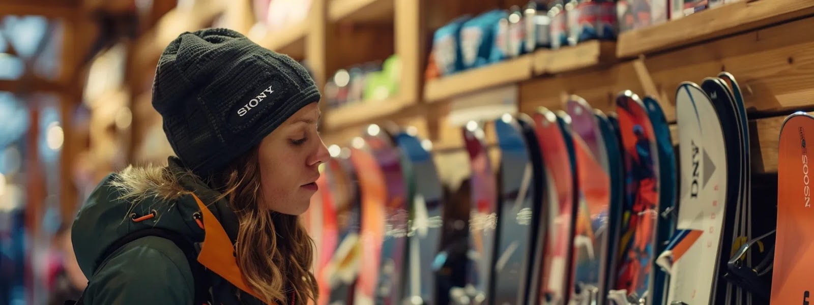 a woman confidently testing different all-mountain skis in a well-stocked ski shop, seeking advice from a knowledgeable professional.