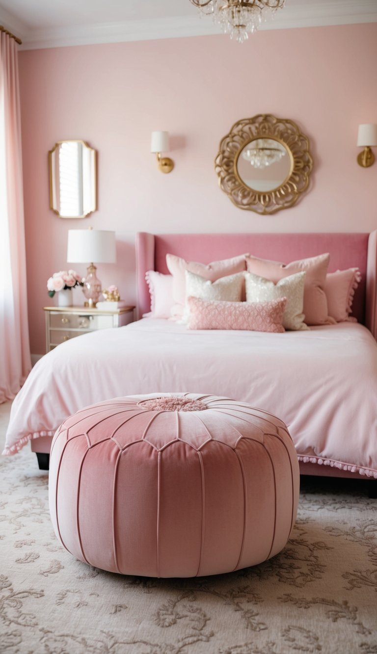 A luxurious pink velvet pouf sits in the center of a stylishly decorated pink bedroom, surrounded by elegant decor and soft lighting