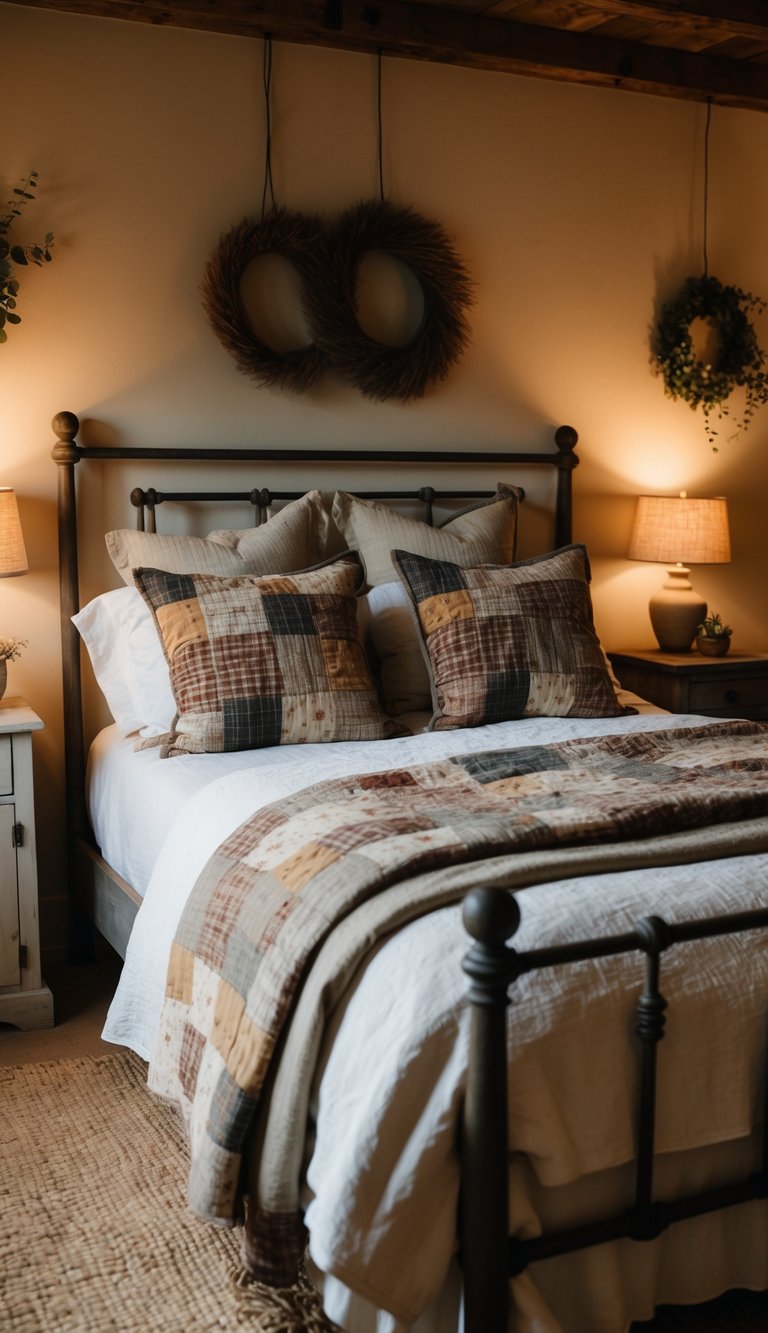 A cozy farmhouse bedroom with rustic patchwork pillowcases on a vintage bed, surrounded by warm, earthy decor and soft, natural lighting