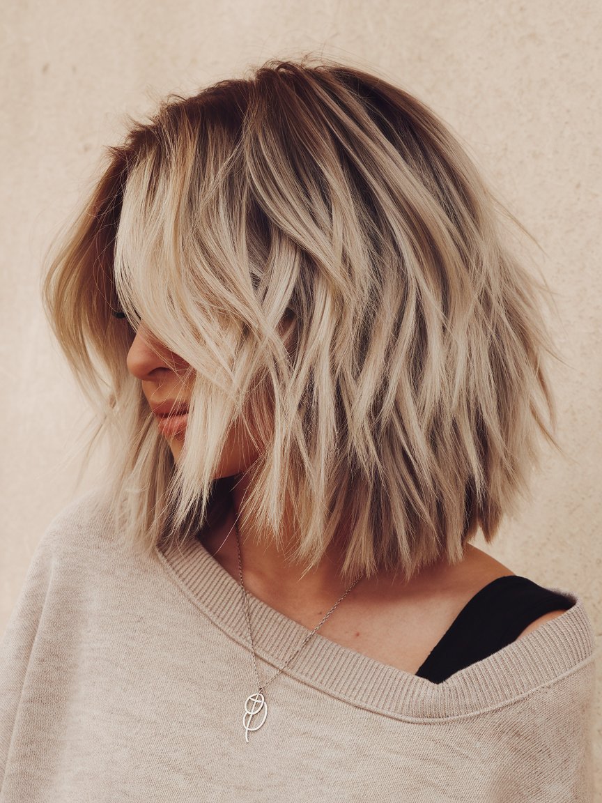 12. Textured A Line Bob with Blonde Balayage