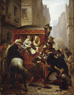 A painting of a carriage being carried by a group of people

Description automatically generated