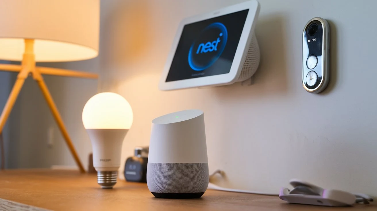 A cozy home filled with smart devices like speakers and displays, illustrating how voice search is integrated into daily routines.