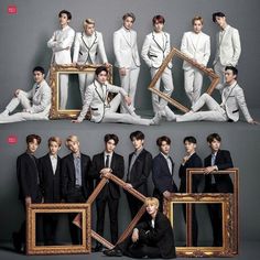 This contain a group  SM Entertainment suits and ties posing with frames