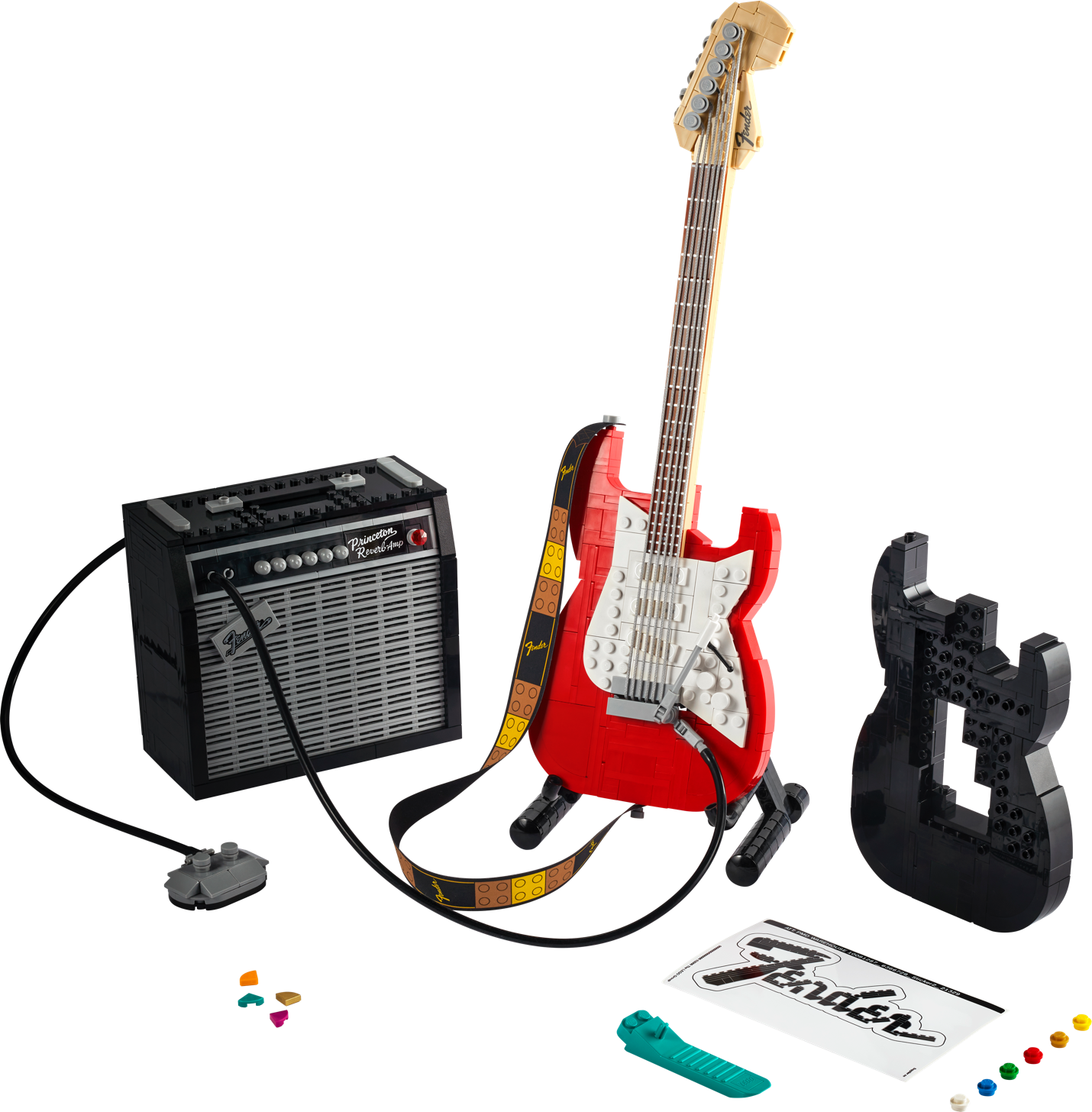 A toy guitar and amplifier Description automatically generated