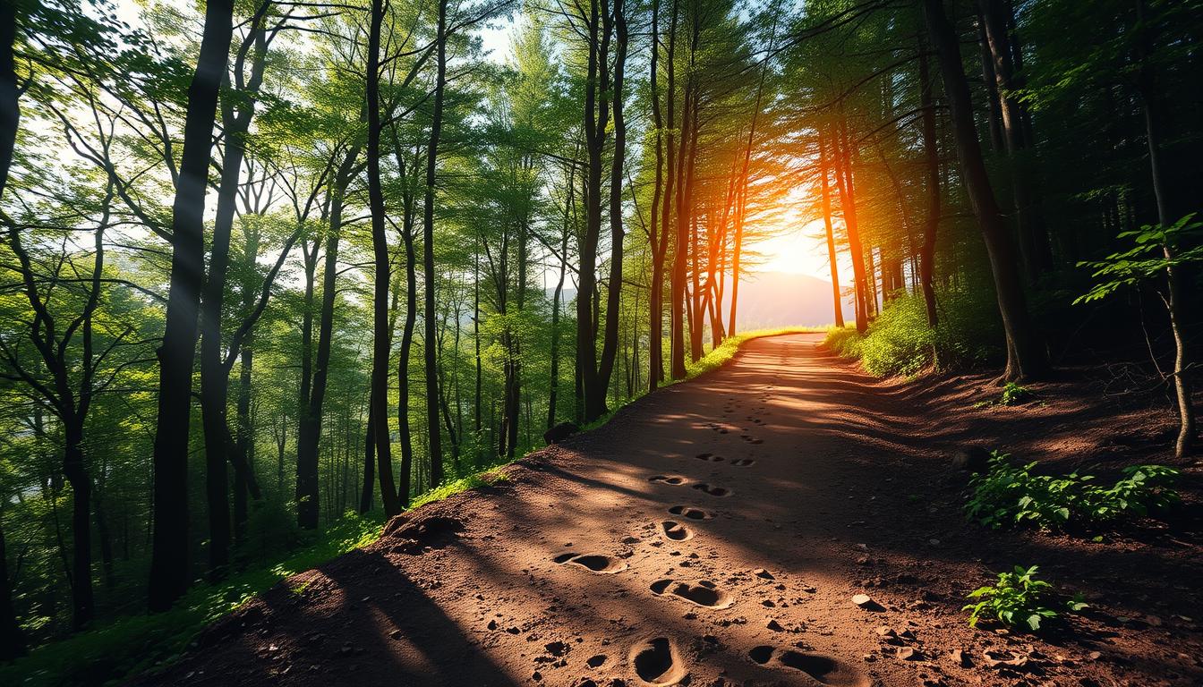 A winding path through a lush forest, with sunlight filtering through the trees, showing footprints in the dirt, symbolizing a journey of persistence; at the end of the path, a radiant sunrise illuminating a distant mountain peak, representing achievement and hope.