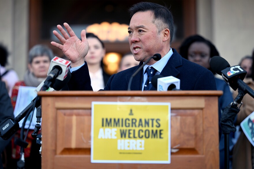 Attorney General, William Tong, speaks at a Hartford rally where immigrant rights advocates have called on state officials to reassure the public that Connecticut is a welcoming state to immigrants. November 18, 2024.