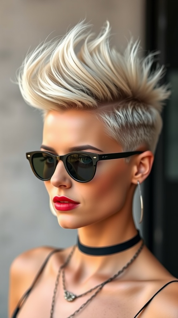 A woman with a faux hawk hairstyle, wearing sunglasses and jewelry.