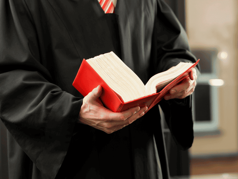 A imagem mostra um jovem de toga com um livro legislativo de capa vermelha em mãos.
