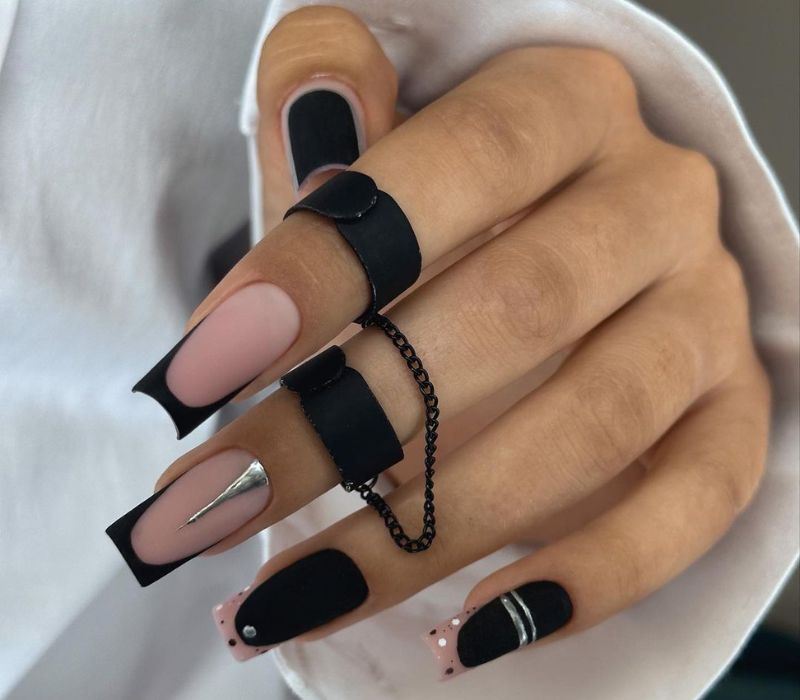 Embellished Black French Tips