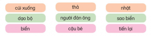 BÀI 15: NHỮNG CON SAO BIỂNĐỌCKHỞI ĐỘNGCâu hỏi 1: Nói về sự khác nhau giữa 2 bức tranh dưới đây:Đáp án chuẩn:Bức tranh 1: Biển trong xanh, sạch sẽ.Bức tranh 2: Biển rất bẩn và nhiều rác thải bừa bãi. Câu hỏi 2: Theo em, chúng ta cần làm gì để giữ cho biển luôn sạch đẹpĐáp án chuẩn:Cùng nhau dọn sạch rác thải ở bờ biển và khu vực ven biểnKêu gọi mọi người tham gia giữ gìn vệ sinh chungBảo vệ môi trường bằng cách tham gia các hoạt động bảo vệ biểnThu gom rác thải định kỳ hàng tuần, hàng thángTRẢ LỜI CÂU HỎICâu hỏi 1: Vì sao biển đông người nhưng người đàn ông lại chú ý đến cậu bé?Đáp án chuẩn:Người đàn ông thấy cậu bé liên tục cúi xuống nhặt thứ gì đó lên rồi thả xuống biển.Câu hỏi 2: Khi đến gần, ông thấy cậu bé đang làm gì? Vì sao cậu bé làm như vậy?Đáp án chuẩn:Ông thấy cậu bé nhặt những con sao biển bị thủy triều đánh dạt lên bờ mà thả chúng về đại dương. Cậu bé làm như vậy vì những con sao biển này sắp chết vì thiếu nước. Câu hỏi 3: Người đàn ông nói gì về việc làm của cậu bé?Đáp án chuẩn:Có hàng ngàn con sao biển như vậy, liệu cháu có thể giúp được tất cả chúng không?Câu hỏi 4: Em hãy nói suy nghĩ của mình về việc làm của cậu bé.Đáp án chuẩn:Cậu bé đã có hành động bảo vệ cho biển và những con sinh vật sống trên đó. Dù chỉ bảo vệ được một số ít con sao biển, nhưng việc làm này của cậu bé thể hiện ý thức cao và tinh thần trách nhiệm đối với môi trường.LUYỆN TẬPCâu hỏi 1: Những từ nào dưới đây chỉ hoạt độngĐáp án chuẩn:Cúi xuốngDạo bộThảNhặtTiến lạiCâu hỏi 2: Câu văn nào cho biết bé nghĩ việc mình làm là có ích?Đáp án chuẩn:Cháu cũng biết như vậy, nhưng ít nhất cháu cũng cứu được những con sao biển này. NÓI VÀ NGHE