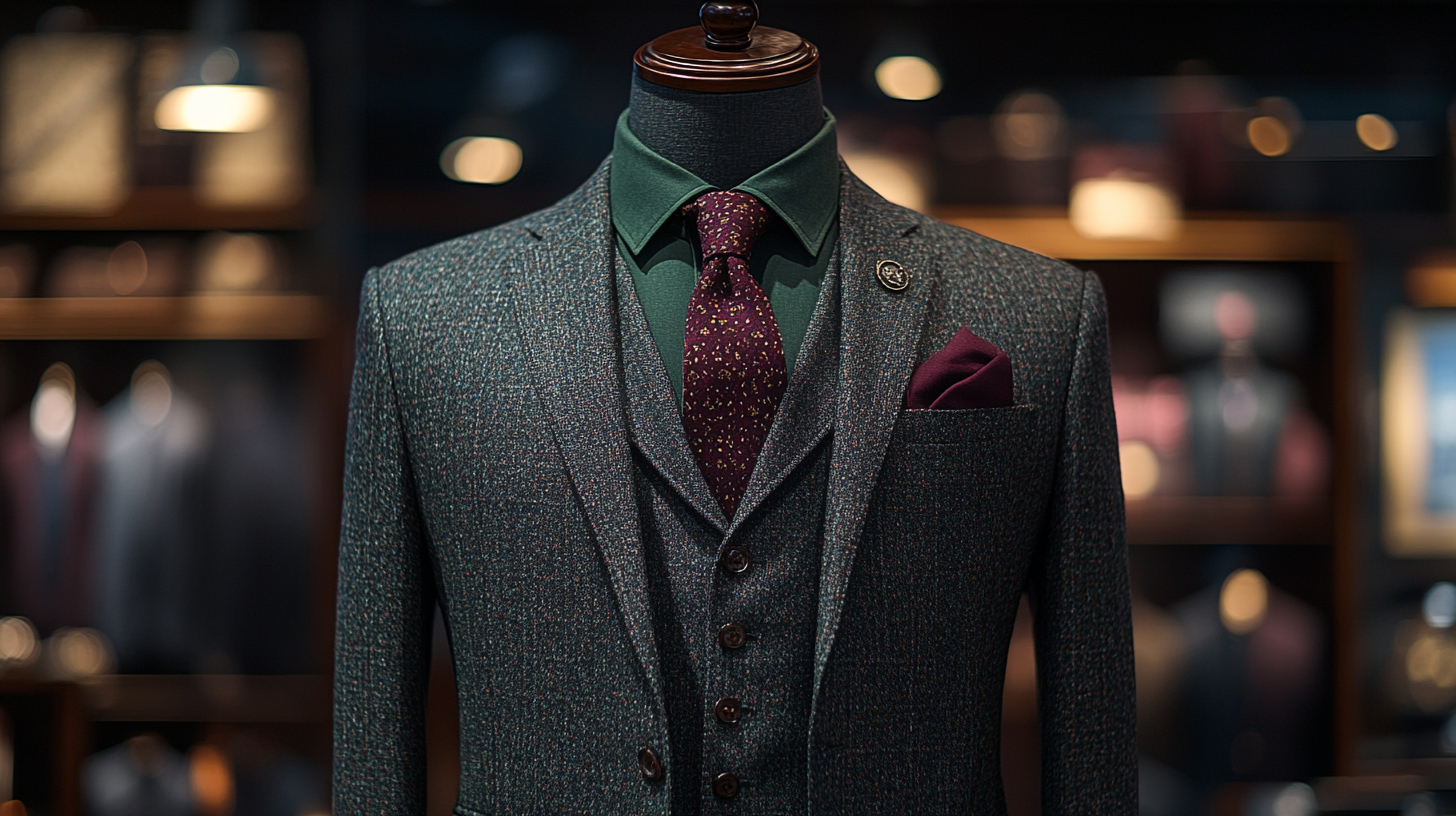 A mannequin in a dark gray suit with a deep green shirt and a rich burgundy tie, creating a bold and sophisticated look. The outfit is complemented by black leather shoes, a matching belt, and a subtle patterned pocket square. The background is an upscale evening event setting with dim lighting.