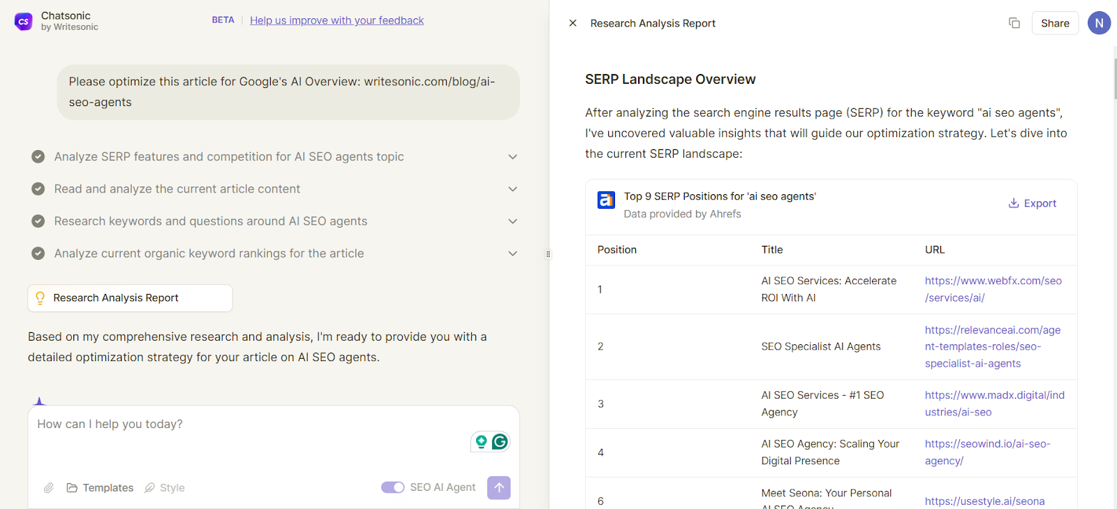 Chatsonic can also optimize content for AI overviews.