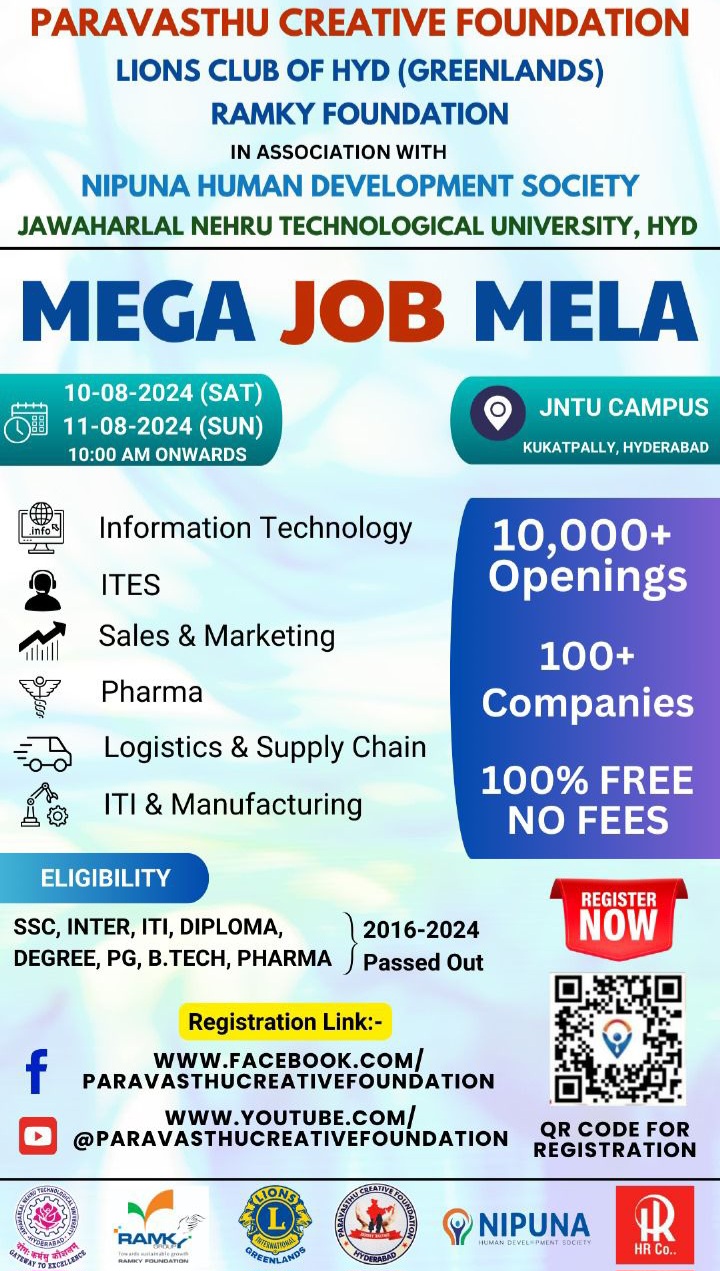 Paravasthu Creative Foundation Mega Job Mela Recruitment 2024 Latest 10th Class Notification all details in telugu apply 