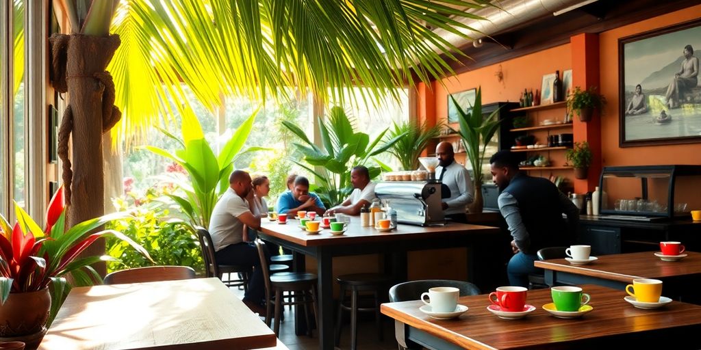 Colorful café in Jamaica with tropical plants and coffee.