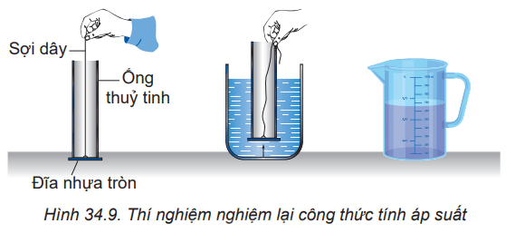 BÀI 34 KHỐI LƯỢNG RIÊNG. ÁP SUẤT CHẤT LỎNGI. Khối lượng riêngCâu 1:Tại sao khối lượng riêng của một chất lại hụ thuộc vào nhiệt độ ?Giải nhanh:Khối lượng riêng được tính bằng thương số giữa khối lượng và thể tích.Khối lượng luôn không thay đổi.Thể tích tăng (giảm) khi nhiệt độ tăng (giảm).Do đó, khối lượng riêng của một chất phụ thuộc vào nhiệt độ.Câu 2: Một hợp kim đồng và bạc có khối lượng riêng là 10,3g/cm3. Tính khối lượng của bạc và đồng có trong 100g hợ kim. Biết khối lượng riêng của đồng là 8,9 g/cm3 , của bạc là 10,4 g/cm3Giải nhanh:Gọi m1,v1,D1 lần lượt là khối lượng, thể tích, khối lượng riêng của bạcGọi m2,v2,D2 lần lượt là khối lượng, thể tích, khối lượng riêng của đồngTa có : m1+m2 = 10.3 (1)v1+v2 = 1 => m1/D1+m2/D2 = 1 =>m1/10,4+m2/8,9 =1 (2)Từ (1) => m1 = 10.3-m2Thay vào (2) ta suy ra : 91,67 - 8,9m2 + 10,4 m2= 92,56 => 1,5 m2=0,89 => m2=0,59 => m1= 9,71Như vậy trong 10,3g hỗn hợ thì có 0,89g đồng và 9,71g bạc. => Trong 100g hỗn hợ sẽ có 5,73g đồng và 94,27g bạcII. Áp lực và áp suấtCâu 1: Hãy dựa vào hình 34.2 hãy cho biết độ lớn của áp lực phụ thuộc vào những yếu tố nào và phụ thuộc như thế nàoGiải nhanh:Độ lớn của áp lực phụ thuộc vào khối lượng của vật và diện tích bề mặt tiếp xúc.Câu 2: Trong hình 34.3, lực nào sau đây là lực đàn hồi , lực ma sát, áp lựca. Lực của chân em bé tác dụng lên sàn nhàb. Lực của tay em bé kéo hộ đồ chơic. Lực của hô đồ chơi tác dụng lên sàn nhàGiải nhanh:a) Chân em bé tác dụng lên sàn nhà một lực là áp lực.b) Tay em bé kéo hộp đồ chơi làm dây căng ra xuất hiện lực đàn hồi.c) Hộp đồ chơi có bánh xe đang lăn trên sàn nhà xuất hiện lực ma sát giữa bề mặt tiếp xúc của bánh xe và sàn nhà.Câu 3: Chứng minh rằng áp lực của cuốn sách tác dụng lên mặt bàn nằm nghiêng một góc α có độ lớn làGiải nhanhThành phần  ép lên mặt phẳng nghiêng theo phương vuông góc nên mặt phẳng nghiêng nên đóng vai trò là áp lực.P1 = P.cosα mà F= P1 => F= P.cosα Câu 4: Tại sao xe tặng năng hơn ô tô nhiều lần lại có thể chạy trên đất bùn ( hình 34.5a ) còn ô tô thì bị lún bánh và sa lầy trên chính quãng đường này ( hình 34.5b)Giải nhanh:Vì xe tăng dùng xích có bản rộng ( diện tích bị ép lớn ) nên áp suất gây ra bởi trọng lượng của xe tăng là nhỏ .Còn ô tô chạy bằng bánh, diện tích bị lớn nên á suất gây ra bởi trọng lượng của ô tô là lớn hơnCâu 5: Trong hai chiếc xẻng được vẽ ở hình 34.6, xẻng nào dùng để xén đất tốt hơn, xẻng nào dùng để xúc đất tốt hơn? Tại sao?Giải nhanh: Xẻng trong hình 34.6b dùng để xén đất tốt hơn vì :  có mũi nhọn, diện tích bị ép nhỏ nên gây ra áp suất lớn lên đất, dễ đi sâu được vào đất hơn do đó sẽ dễ xén đất hơn.Xẻng trong hình 34.6aXẻng trong hình 34.6a dùng để xúc đất tốt hơn vì : có mũi vuông nên phần diện tích bề mặt lớn hơn, do đó mỗi lần xúc sẽ xúc được nhiều đất hơn.  Câu 6: Một người nặng 50kg đứng trên mặt đất nằm ngang. Biết diện tích tiế xúc của bạn chân với đất là 0,015 m2. Tính áp suất người đó tác dụng lên mặt đất khi :a. Đứng cả hai chânb. Đứng một chânGiải nhanh:a. Khi đứng một chân thì ấ suất người đó lên mặt đất là 50.9,80,015 = 32 667,67(N/m2)b. Khi đứng hai chân thì: 50.9,80,015.2=16 333,34 (N/m2) BÀI 34 KHỐI LƯỢNG RIÊNG. ÁP SUẤT CHẤT LỎNG