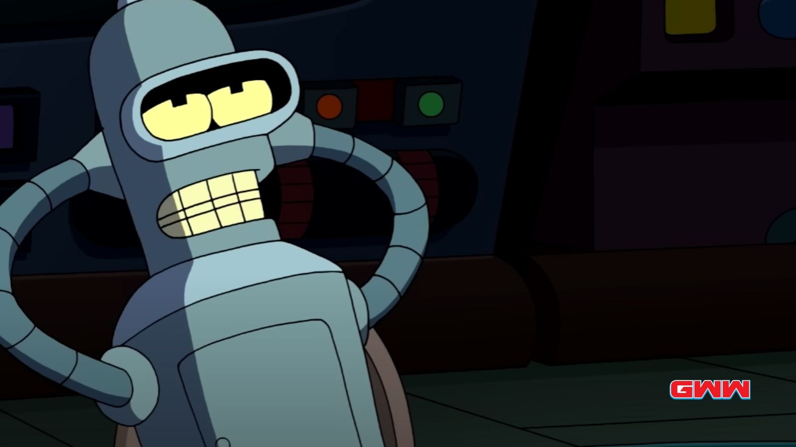 Bender looking suspicious in a dimly lit room.