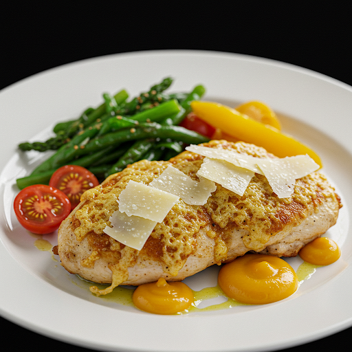 Imagen del Pollo con Costra de Parmesano emplatado con verduras asadas y salsa de limón y hierbas: Un plato elegante y apetitoso de Pollo con Costra de Parmesano listo para servir.