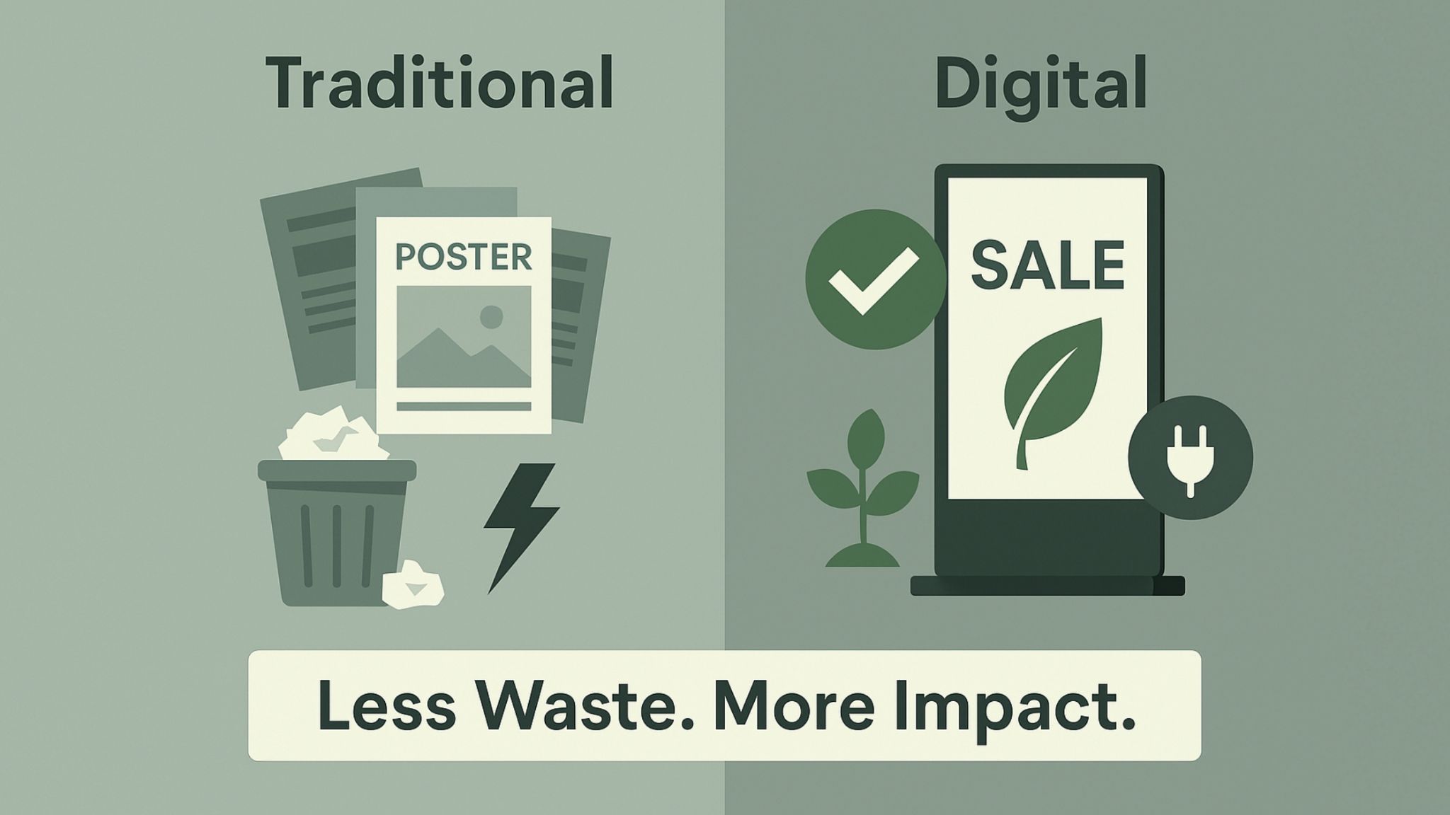 Digital signage reduces waste and increases advertising impact Comparison of traditional print posters and digital signage showing eco-friendly benefits