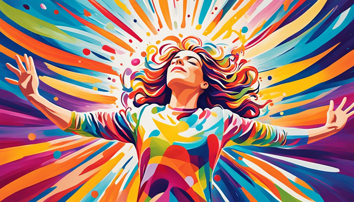 An image of a person with their eyes closed, surrounded by a burst of bright colors and abstract shapes, representing the power of visualization to manifest dreams into reality. The person's body should be relaxed, with arms outstretched and palms facing upward, as if they are open to receiving their desires. The colors should represent positivity, creativity, and abundance, with shades of gold symbolizing abundance and success, while blues and greens evoke feelings of calmness and serenity. Use swirling shapes and lines to convey movement and transformation, emphasizing the idea that thoughts can be transformed into tangible outcomes.