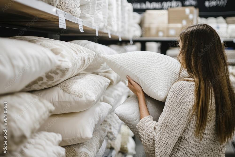 Customer browsing a selection of comfortable memory foam pillows in a home goods store. 