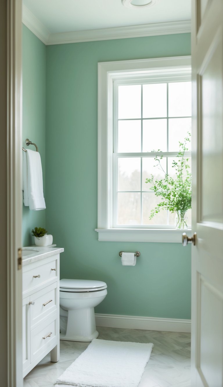 A serene bathroom with sage green walls, white fixtures, and natural light streaming in through a window