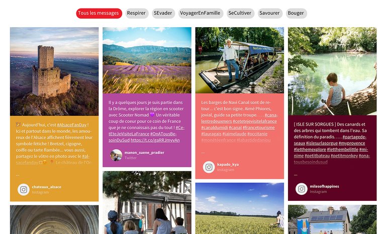 Hashtag feeds on France.fr website displaying user-generated travel content