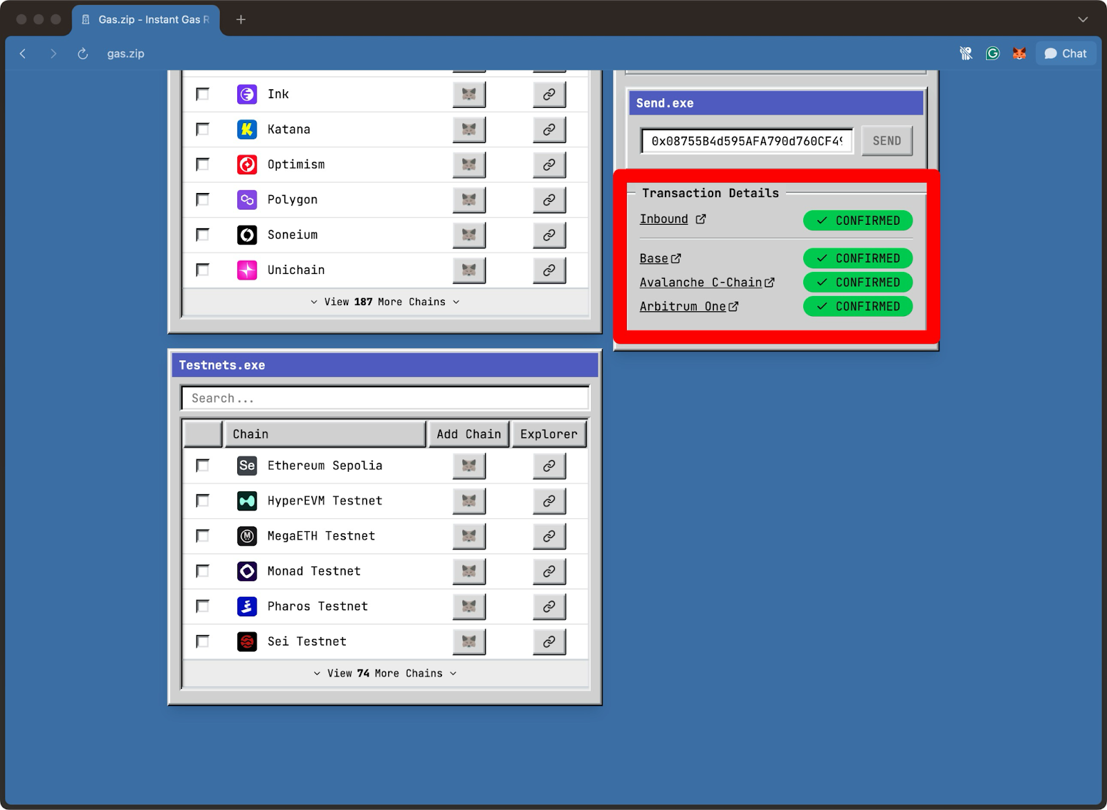 Gas.zip interface showing successful gas bridging with confirmed transactions to Base, Avalanche C-Chain, and Arbitrum One, alongside testnet selection menu.