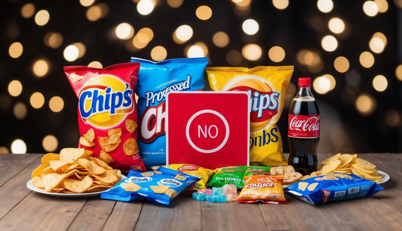 A table with processed foods like chips, soda, and sugary snacks, surrounded by a red "no" symbol