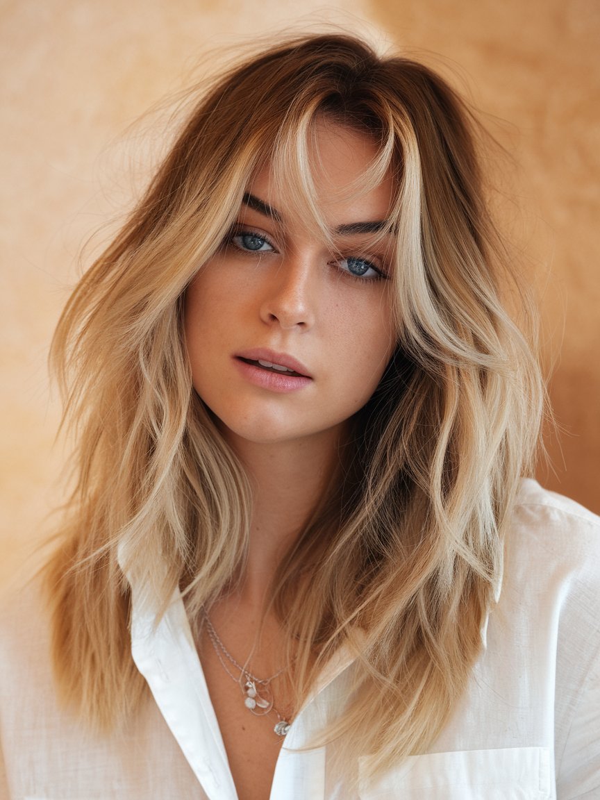 68. Blonde Balayage Hair with Piece-y Layers