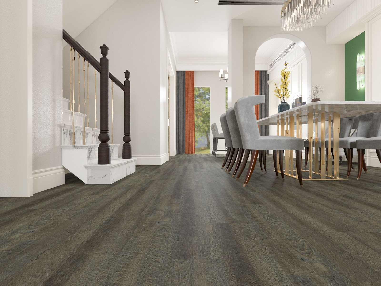 A vinyl flooring sheet lays over a tiled floor. The edges curl up, showing the difficulty of placing PVC over tile